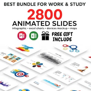 May include: A promotional image with the text "BEST BUNDLE FOR WORK & STUDY" and "2800 ANIMATED SLIDES." The image includes icons for infographic, excel charts, devices mockup, and maps. A gift box icon and the words "FREE GIFT INCLUDE" are also present.