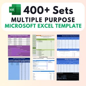 Może przedstawiać: Obraz przedstawiający kolekcję szablonów Microsoft Excel. Obraz zawiera tekst "400+ Sets MULTIPLE PURPOSE MICROSOFT EXCEL TEMPLATE". Wyświetlono kilka przykładowych arkuszy kalkulacyjnych, każdy z innym układem i wizualizacją danych, w tym wykresami i tabelami.