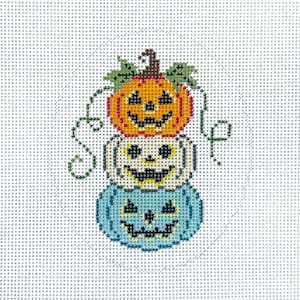 May include: A needlepoint design featuring three stacked jack-o'-lanterns in orange, white, and blue. The pumpkins have smiling faces and are connected by green vines. The word "Sale" is written in green.