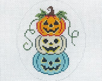 Hand Painted Stacked Jack-o-lantern Pumpkins Needlepoint Canvas by MyPinkSugarLife