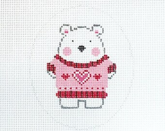 Hand Painted Polar Bear in Heart Sweater Needlepoint Canvas by MyPinkSugarLife