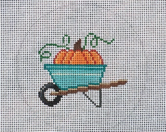 Hand Painted Pumpkin in Wheelbarrow Needlepoint Canvas by MyPinkSugarLife