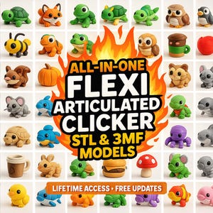 Puede incluir: Una colección de modelos articulados y coloridos de animales y objetos, como tortugas, zorros y una hamburguesa. La imagen incluye el texto "ALL-IN-ONE FLEXI ARTICULATED CLICKER STL & 3MF MODELS" y "LIFETIME ACCESS • FREE UPDATES".