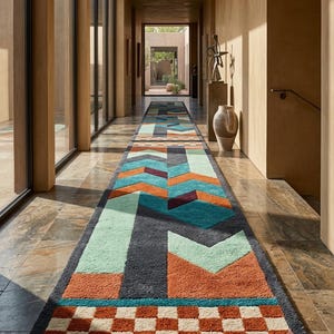 Luxury Geometric Long Runner Carpet - Vibrant Southwestern Geometric Design in Earthy Terracotta, Mint Green & Charcoal Grey