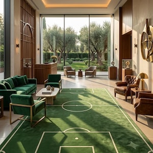 Puede incluir: Una alfombra rectangular grande con un diseño de campo verde y líneas blancas que imitan un campo de fútbol. La alfombra está situada en una habitación con sillones de terciopelo verde, un sillón de cuero marrón y un mostrador de madera.