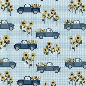 Benartex Heartland Country Road Trucks Quilting Cotton Fabric- Light Turquoise