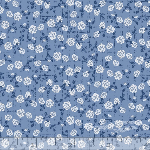 Poly Cotton Fabric by the yard, Dress Fabric, Blue Small Rose Fine Print