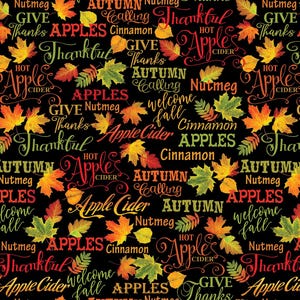 Benartex Cider House Autumnal Words Quilting Cotton Fabric- Black