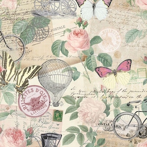 Tessuto di cotone per trapuntatura con collage di cartoline Jardin Timeless Treasures - Crema