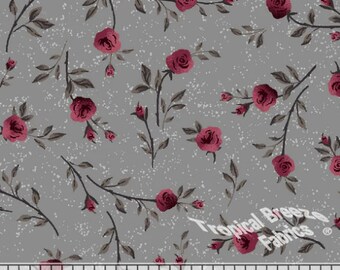 Poly Cotton Fabric, Dress Fabric, Charcoal Burgundy Roses