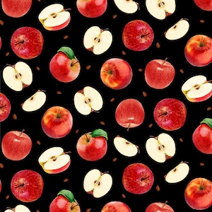 Timeless Treasures Orchard Valley Apples  and  Slices Quilting Cotton Fabric- Black