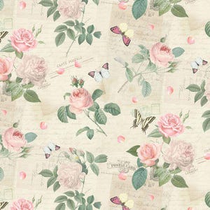 Timeless Treasures Jardin Rose e farfalle su cartoline Tessuto di cotone per trapuntatura - Crema