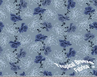 Poly Cotton Fabric by the yard, Dress Fabric, Slate Blue Blossom