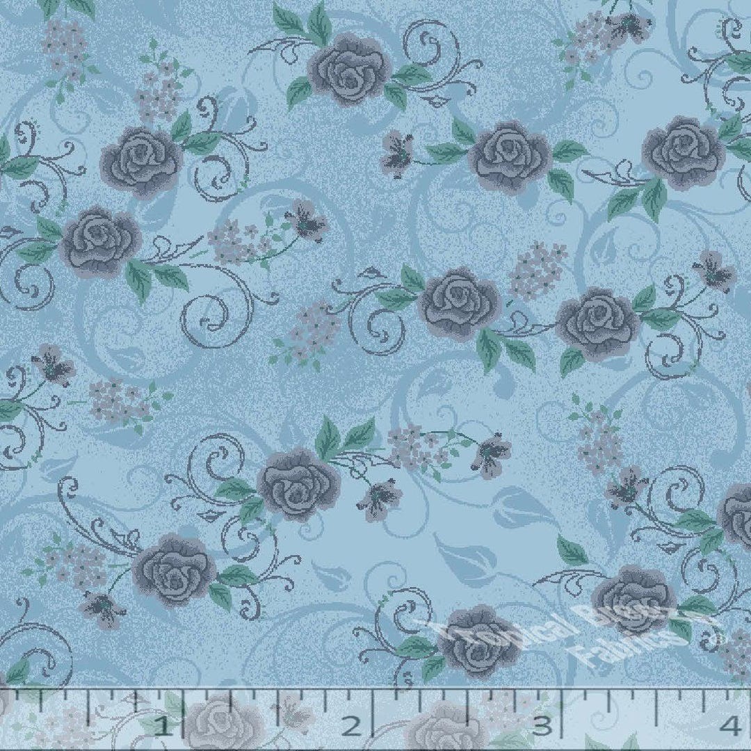 Blue Mist Floral Rose Poly Cotton Fabric - Etsy
