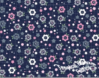 Poly Cotton Fabric, Dress Fabric, Navy Floral Grid