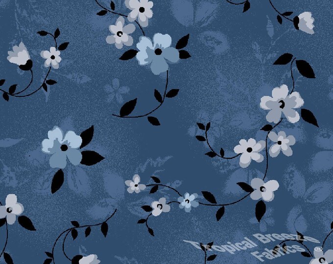 Poly Cotton Fabric by the Yard, Dress Fabric, Medium Blue Floral Print Etsy