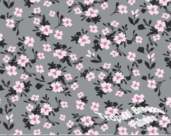 Poly Cotton Fabric by the yard, Dress Fabric, Gray Floral Print