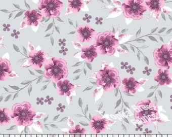 Poly Cotton Fabric, Dress Fabric, Silver & Pink Flowers