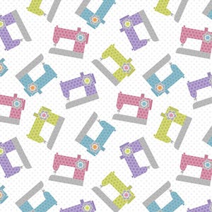 Benartex Stitch Garden Sewing Machine Toss Cotton Fabric- White/Multi