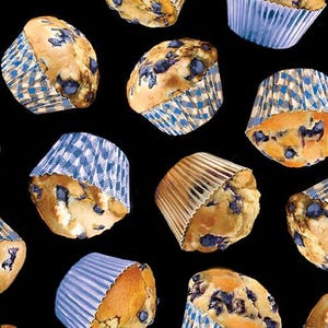 Benartex Blueberry Hill Tossed Blueberry Muffins Quilting Cotton Fabric- Black