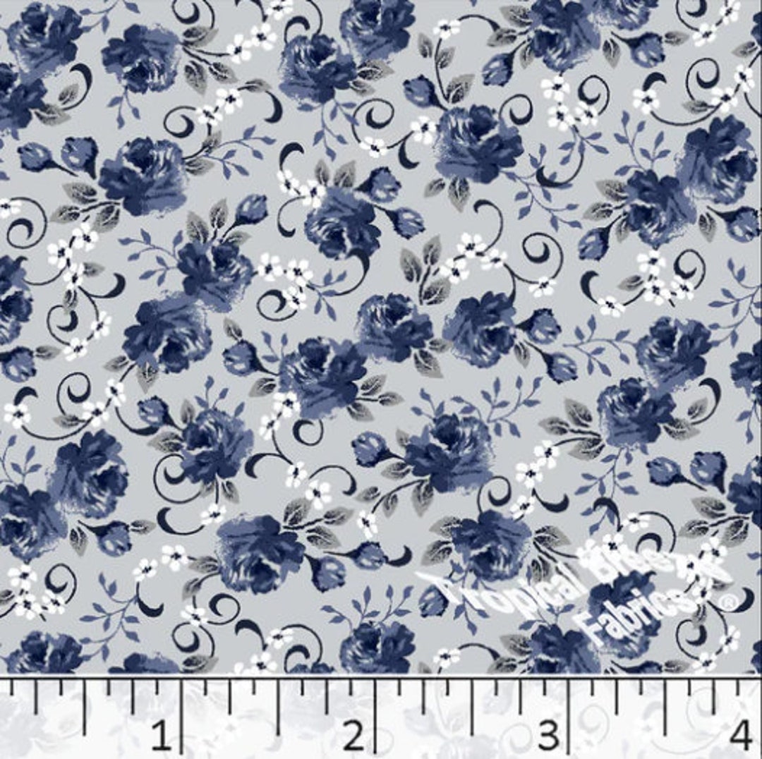 Poly Cotton Fabric by the Yard, Dress Fabric, Silver & Blue Roses Etsy