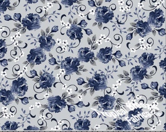 Poly Cotton Fabric by the yard, Dress Fabric, Silver & Blue Roses