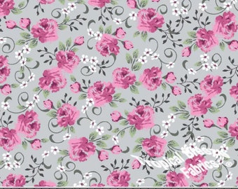 Poly Cotton Fabric by the yard, Dress Fabric, Gray with Pink Roses