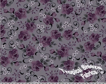 Poly Cotton Fabric by the yard, Dress Fabric, Dusty Plum Roses