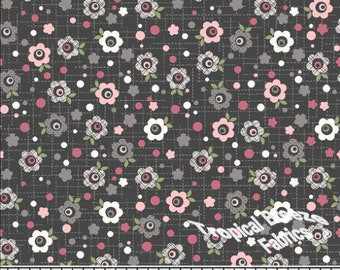 Poly Cotton Fabric, Dress Fabric, Charcoal Floral Grid