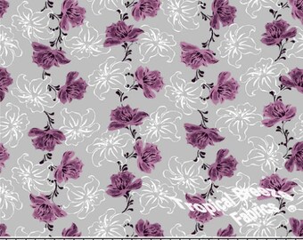 Poly Cotton Fabric by the yard, Dress Fabric, Gray & Raspberry Blossom