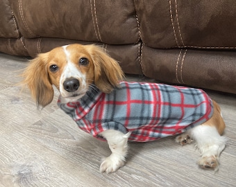 Charles Gray Plaid Mini Dachshund Fleece Sweater (measurements in item description)