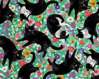 Northcott Hide and Seek Tossed Cats Quilting Cotton Fabric- Green Multi