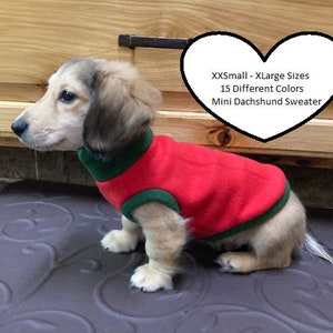 Christmas Red w/green Cuffs Mini Dachshund Fleece Sweater (measurements in item description)