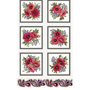 Tessuto di cotone per trapuntatura a pannelli Benartex Amazing Poppies - Bianco/Multicolore