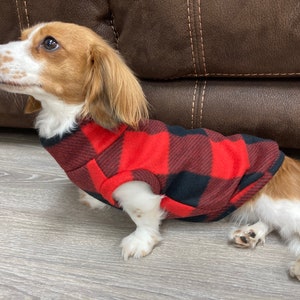 Red & Black Buffalo Plaid Mini Dachshund Fleece Sweater (measurements in item description)