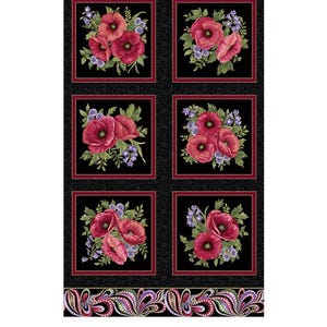 Tessuto di cotone per trapuntatura a pannelli Benartex Amazing Poppies - Nero/Multicolore