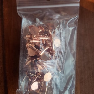 May include: A clear plastic bag filled with small, copper-colored tacks. The tacks have a flat, round head and a pointed shaft. The bag is sealed at the top and has a small hole for hanging.