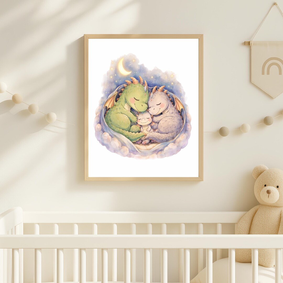 Dragon Family of Three Nursery Wall Art | Watercolor Fantasy Sleeping ...