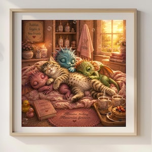 May include: A framed print featuring a cat and three dragon-like creatures snuggled together on a bed. The artwork includes a book, mugs, and the text "Bubbles, Giggles & New Friends" and "Messes today Memories forever".