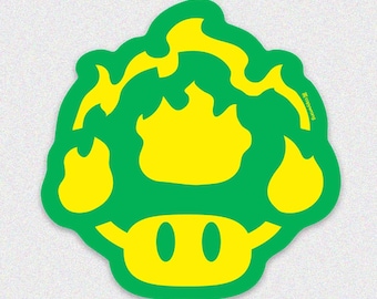 Fire Bloom Mushroom Sticker – Elemental Power Icon Vinyl Decal, Retro Arcade Aesthetic, Gamer Style Sticker, Cute Bold Graphic Kart