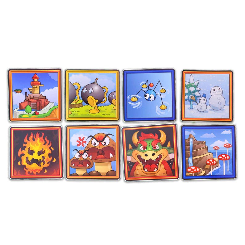 Square vinyl sticker pack featuring Mario-inspired art with Bowser, Goombas, Bob-ombs, fireball, spider enemy, icy snowmen, mushroom platforms, and castle scenes. Each sticker has a colorful cartoon style with bold outlines, perfect for decorating laptops, water bottles, journals, and gamer gear. Great collectible gift for Nintendo fans, Mario lovers, and retro video game enthusiasts who enjoy nostalgic and aesthetic gaming artwork.