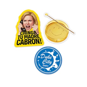 May include: A collection of three stickers. One sticker features a woman yelling into a phone with the text "CHINGA TU MADRE CABRON!". Another sticker is a gold petri dish with a smiley face and a wooden stick. The last sticker is a blue circle with "Duke City Dairy".