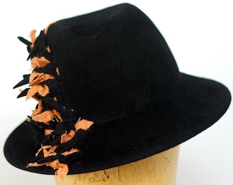 Svart velourpälsfilt vinterfedorahatt/hattar för kvinnor/bred brätte/hatt/handgjord hatt/hatt i vintagestil/klassisk hatt/hatt från 1940-talet