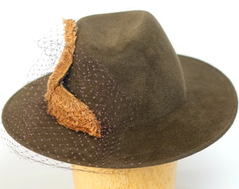 Fedora Hat, Wide Brim Hat, Velour Fur Felt Winter Hat, Birdcage Veil,Grosgrain-Handmade/Made to Order/Millinery/Women's Hat/Fall Winter Hat