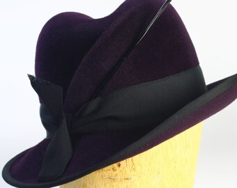 Aubergine Purple Draped Velour Fur Felt Winter Fedora Wide Brim Hat,Black Grosrain Ribbon,Patent Leather Quill-Handmade Custom Millinery