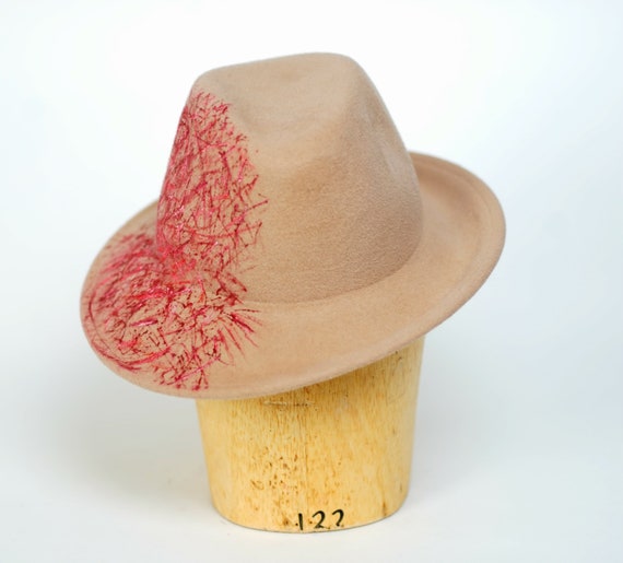 Alabaster Camel Large Brim Velour Fur Felt Fedora Hat,Winter Hat, Hand painted- Millinery/Men's Fedora/Ladies Hat/Vintage Hat/Handmade Hat