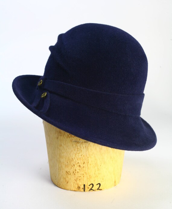Navy Velour Fur Felt Winter Cloche Draped Custom Hat 
