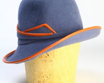 Blue Grey Velour Fur Felt Wide Brim Fedora Winter Custom Handmade Hat/Orange Leather Piping/Felt Leather Band-Handmade Couture Millinery