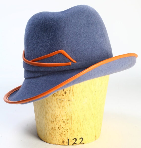 Blue Grey Velour Fur Felt Wide Brim Fedora Winter Custom Handmade Hat/Orange Leather Piping/Felt Leather Band-Handmade Couture Millinery