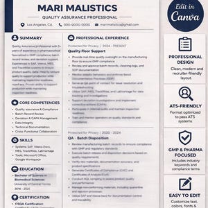 Könnte beinhalten: Pharma-QA-Lebenslaufvorlage, ATS-freundlich, GMP-basiert und in Canva bearbeitbar. Enthält Branchenschlüsselwörter und Compliance-Begriffe. Sauberes, modernes Design für QA- und Operations-Rollen.